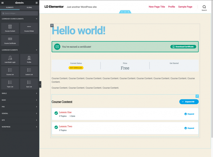 Elementor and LearnDash 2 – Course Elements A preview of the LearnDash course template in Elementor