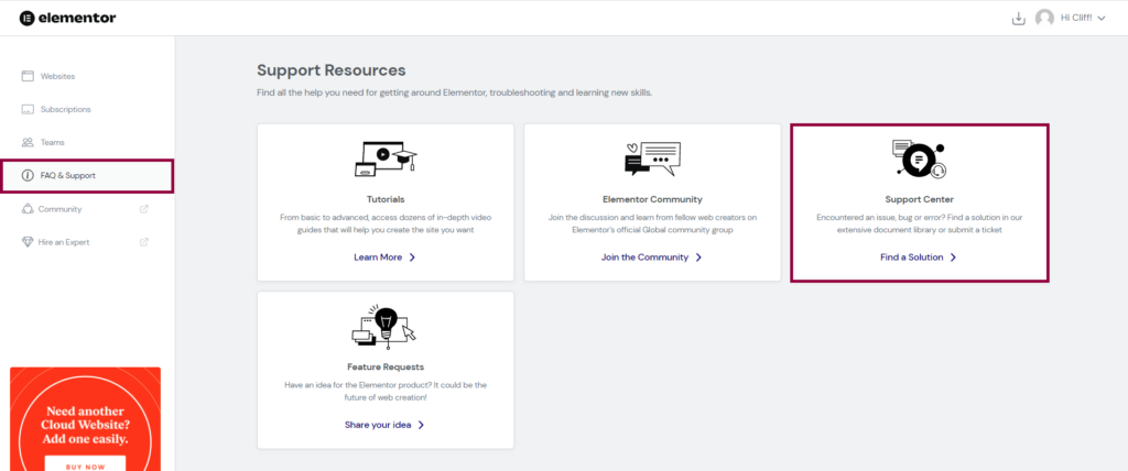 The My Elementor dashboard